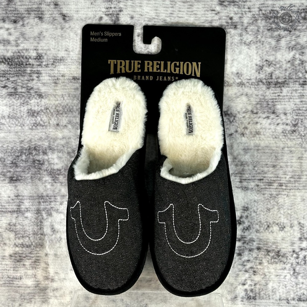 NWT - True Religion Men's Slippers House Shoes‎ Grey & White - Men's Medium 9-10